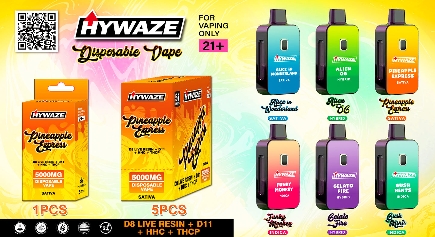 HYWAZE 5G Disposable Vape D8+D11+HHC+THCP (5 Units/Box- PRICE PER UNIT)